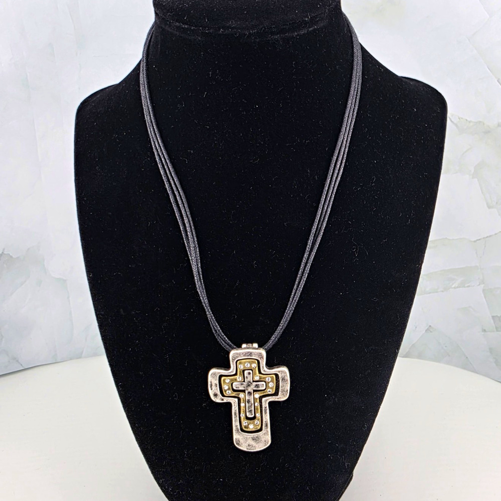 Plunder Design "Mac" Hammered Mixed Metal Cross Multi-Strand Cord Necklace